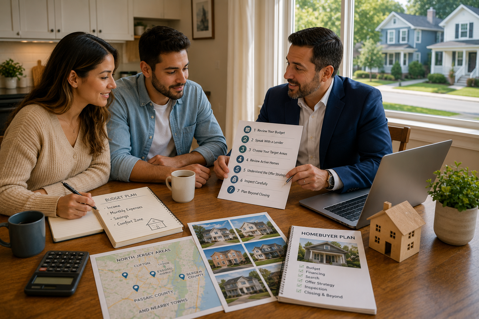 First-time homebuyers in New Jersey reviewing a step-by-step homebuying plan with a real estate advisor.