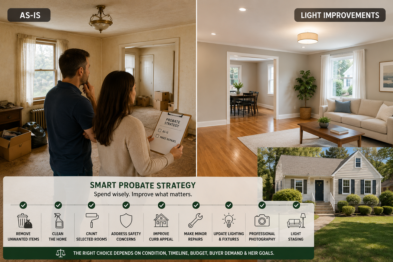 Heir and real estate advisor comparing whether to sell an inherited New Jersey probate house as-is or make light repairs before listing.