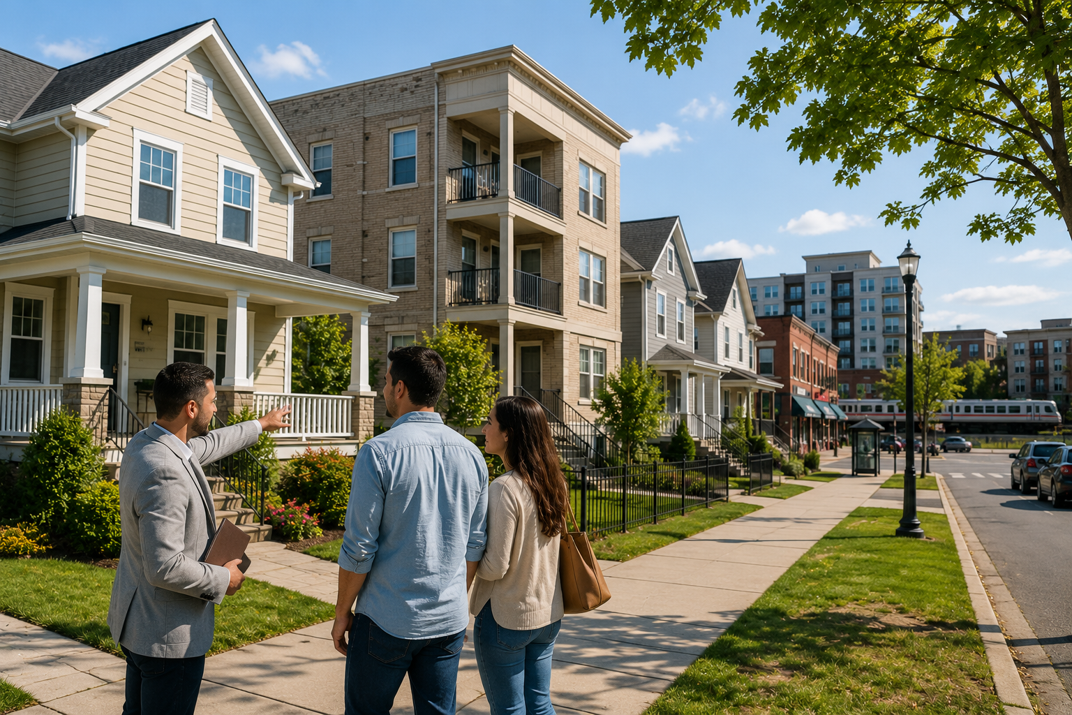 First-time homebuyers touring a North Jersey neighborhood with a mix of starter homes, condos, and multifamily properties in Bergen and Passaic County.