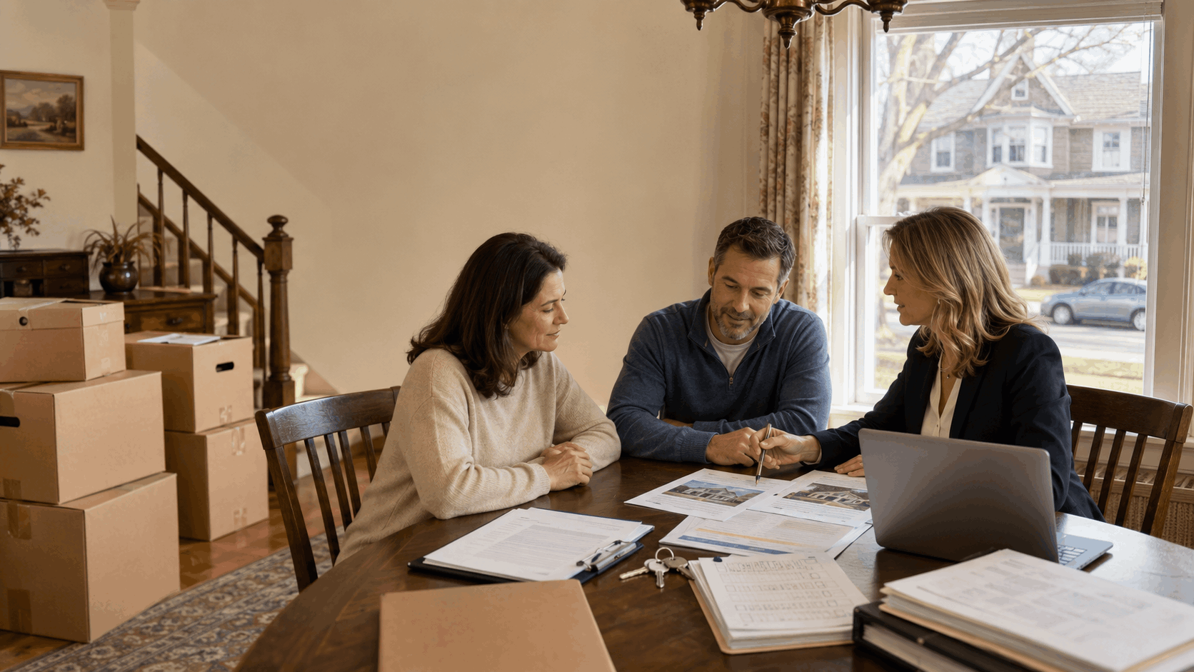 Heirs reviewing probate documents with a real estate advisor before selling an inherited New Jersey home without a will.