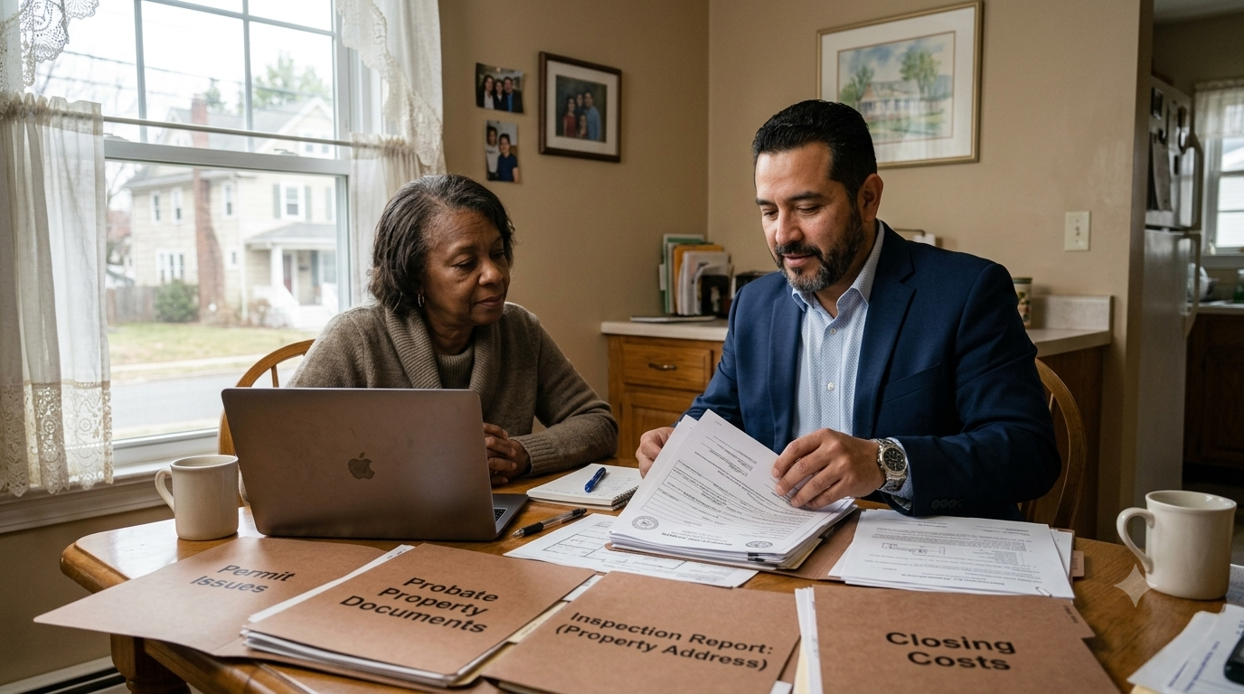 North Jersey real estate agent reviewing probate property documents, permit issues, inspection reports, and closing costs with a homeowner for a complicated property sale.