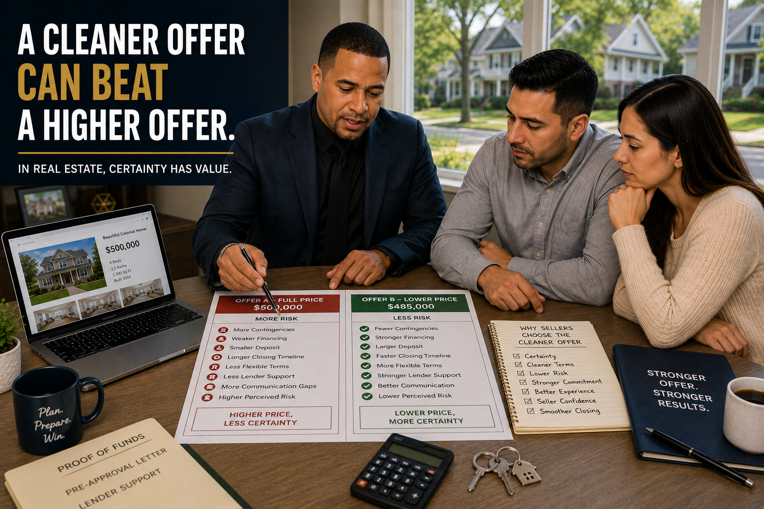 Johnny Rodriguez reviewing two competing home offers with North Jersey buyers to explain why a cleaner, lower-risk offer may beat a full-price offer.