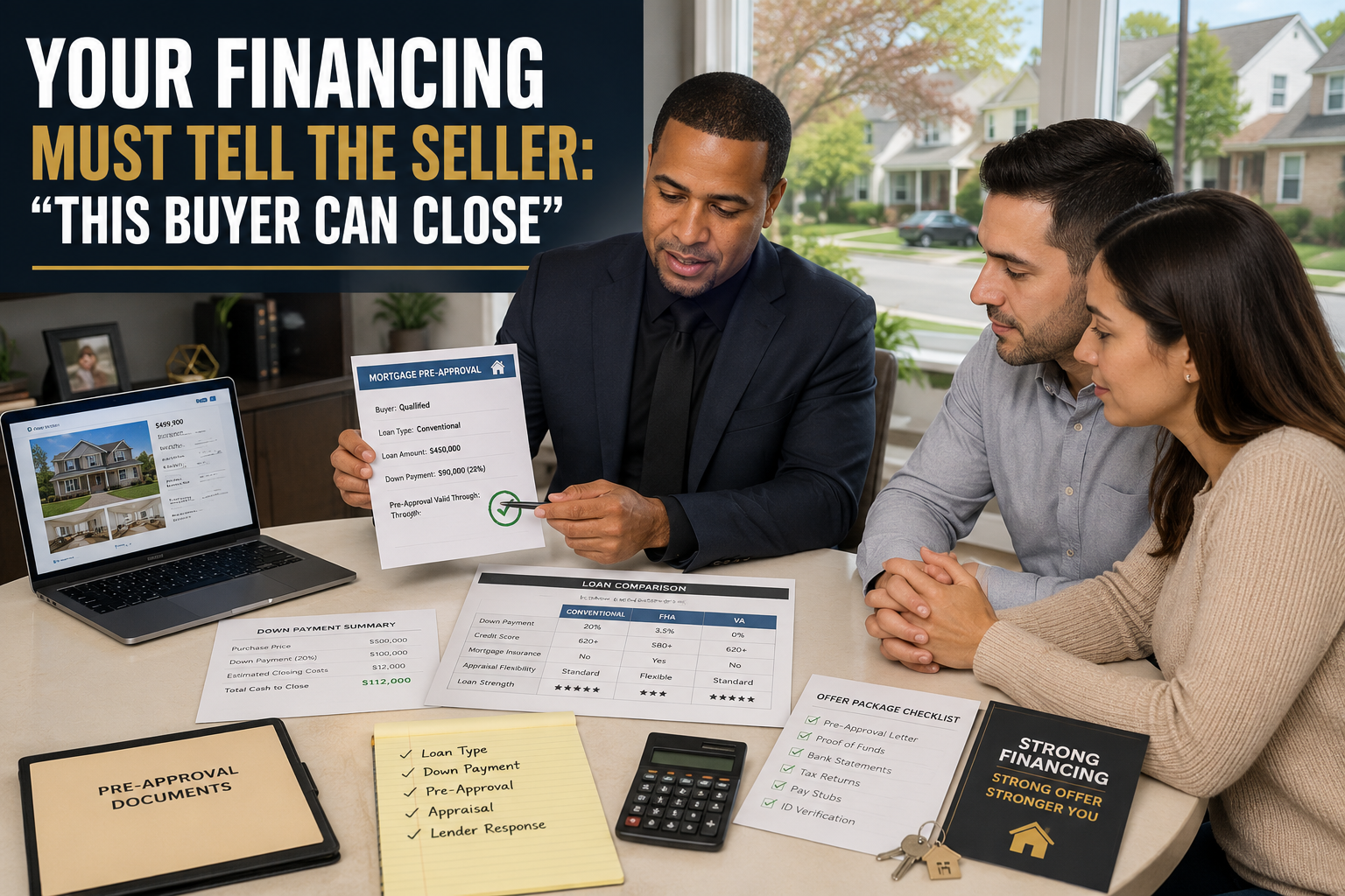 Johnny Rodriguez reviewing mortgage pre-approval and financing strength with buyers in North Jersey before submitting a competitive home offer.