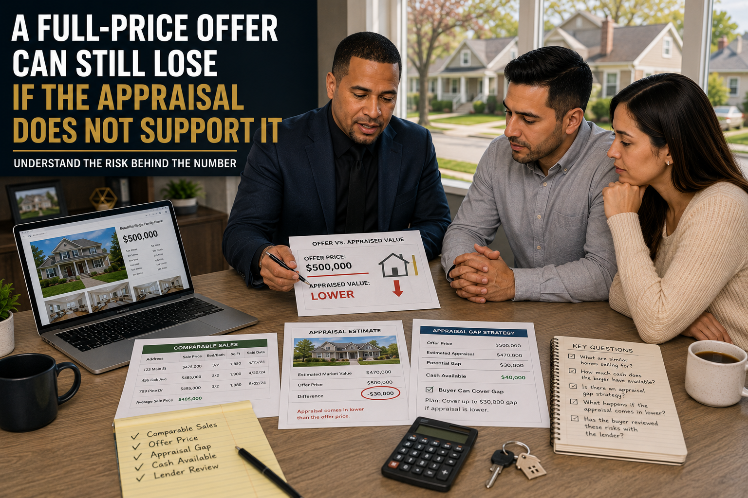 Johnny Rodriguez reviewing appraisal risk, comparable sales, and appraisal gap strategy with North Jersey buyers before submitting a home offer.