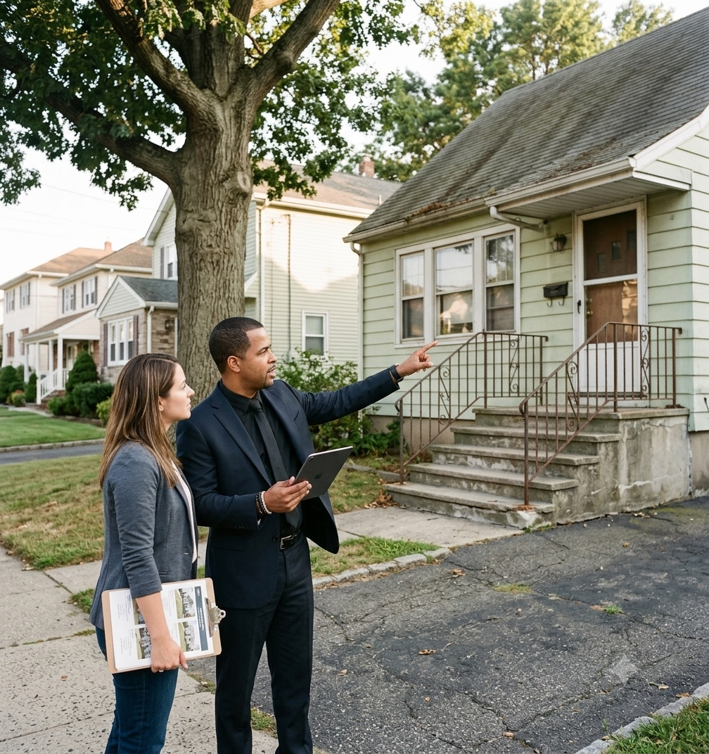 Real estate agent showing a buyer an older fixer-upper home in Clifton, NJ with worn steps, mature trees, and renovation potential.
