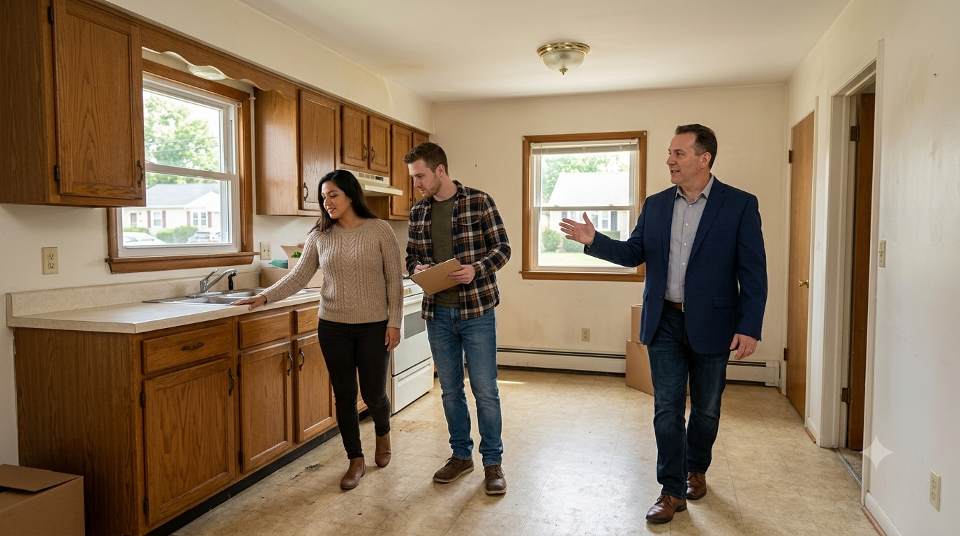 First-time buyers touring a light fixer-upper home in Clifton NJ with a real estate agent, reviewing cosmetic updates, budget, and long-term homeownership plans.