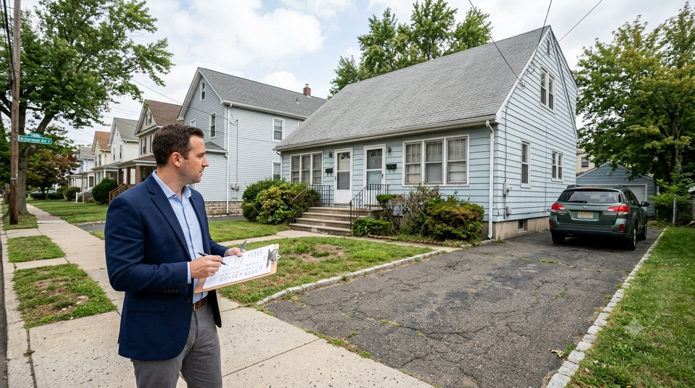 Clifton NJ investment property with fixer-upper potential, showing a real estate investor reviewing renovation costs, rental value, and resale opportunity in a North Jersey neighborhood.