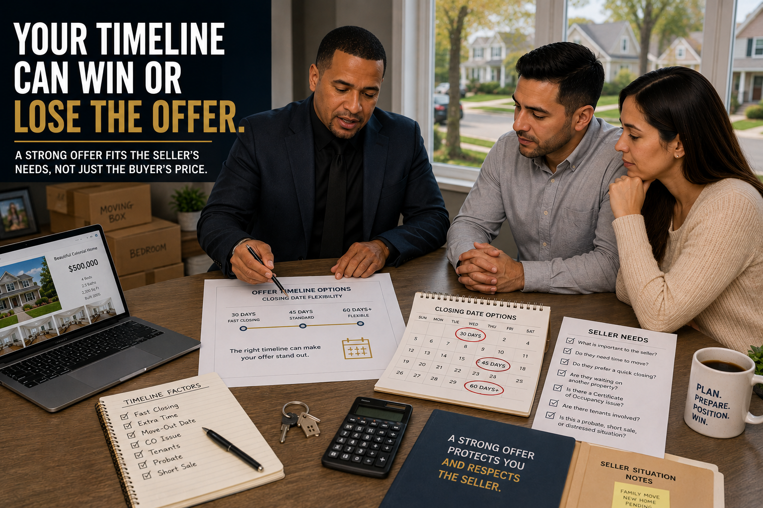 Johnny Rodriguez reviewing closing timeline options with North Jersey buyers to help them match the seller’s needs before submitting a home offer.