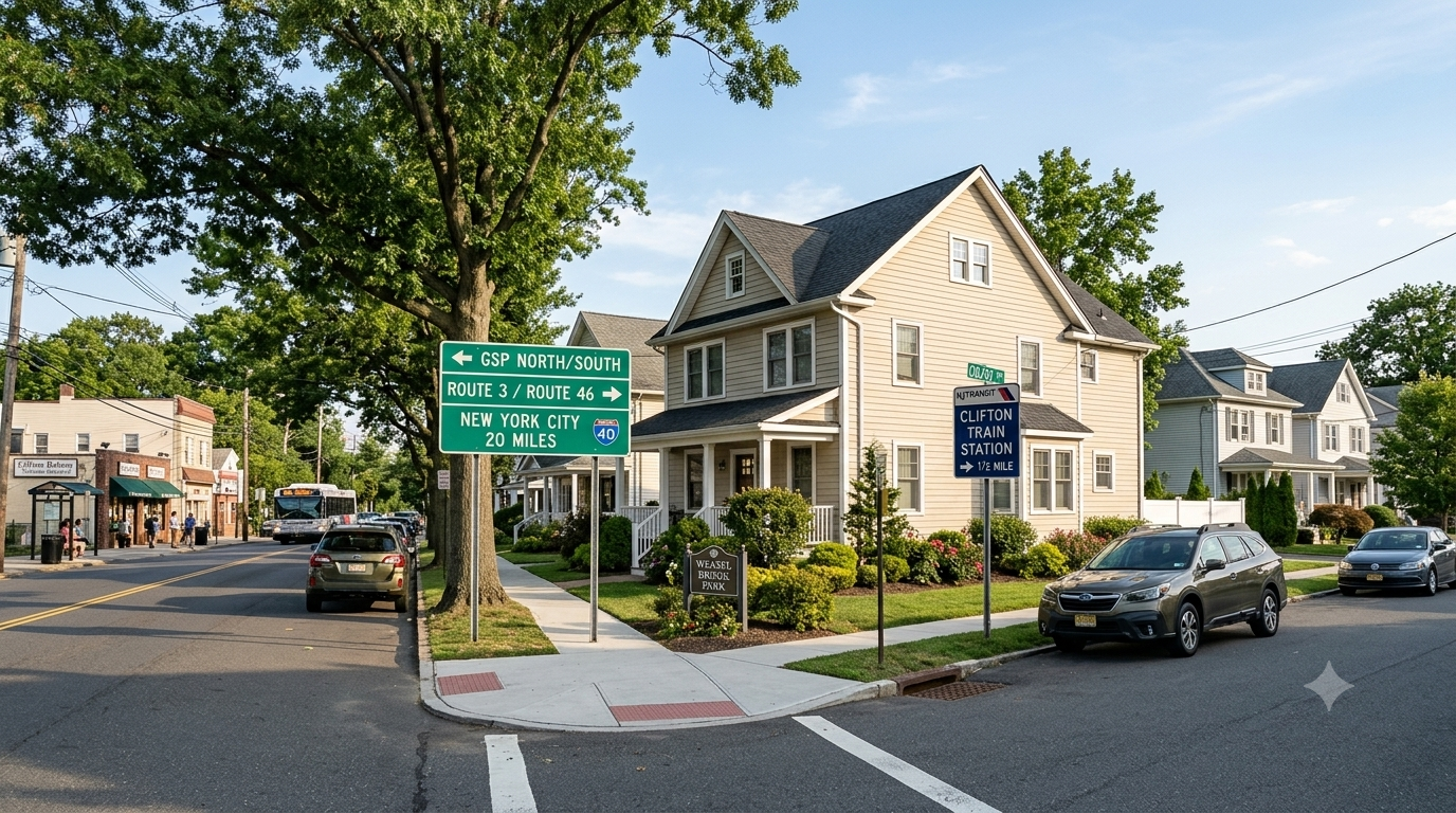 Clifton NJ homes for sale near Route 3, Route 46, Garden State Parkway, NYC commute access, train station, local shops, and tree-lined neighborhood streets.
