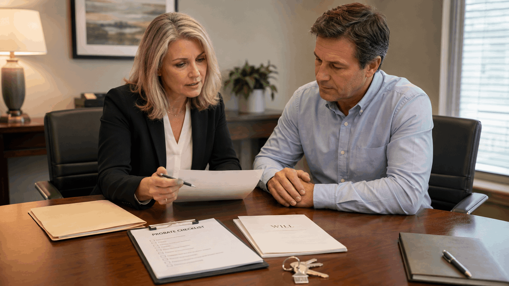 Executor reviewing probate checklist, will, and house keys with a real estate professional for a New Jersey probate home sale.