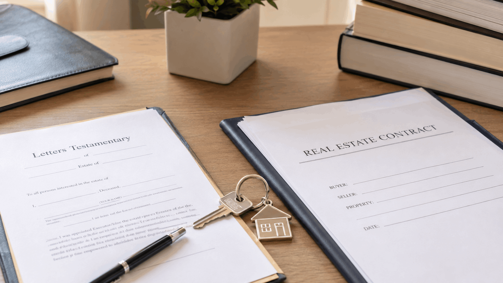 Probate paperwork, house keys, Letters Testamentary, and real estate contract on an office desk for a New Jersey home sale.