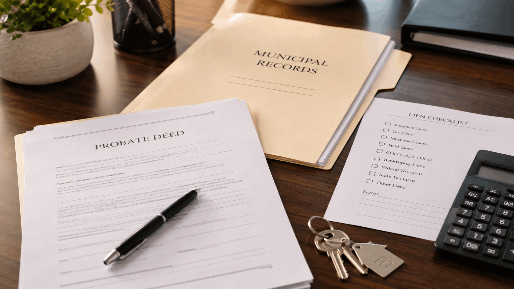 Probate deed, municipal records, lien checklist, calculator, and house keys on a closing table for a New Jersey probate title review.