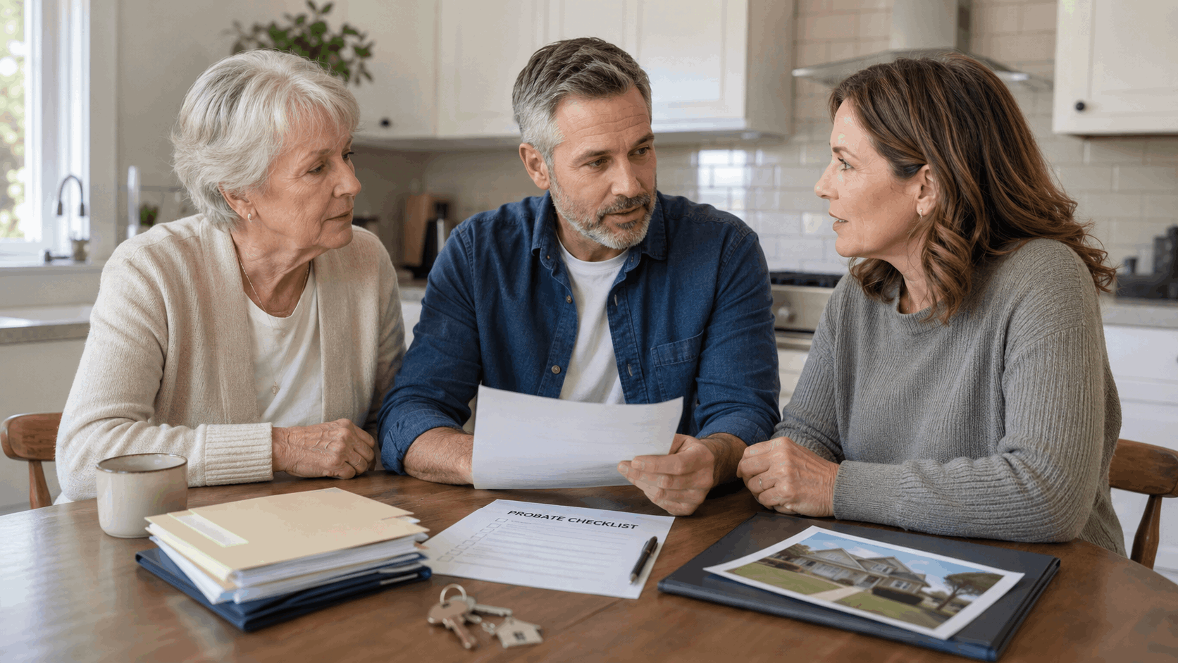Family reviewing probate checklist, folders, and house keys while discussing an inherited New Jersey home sale.