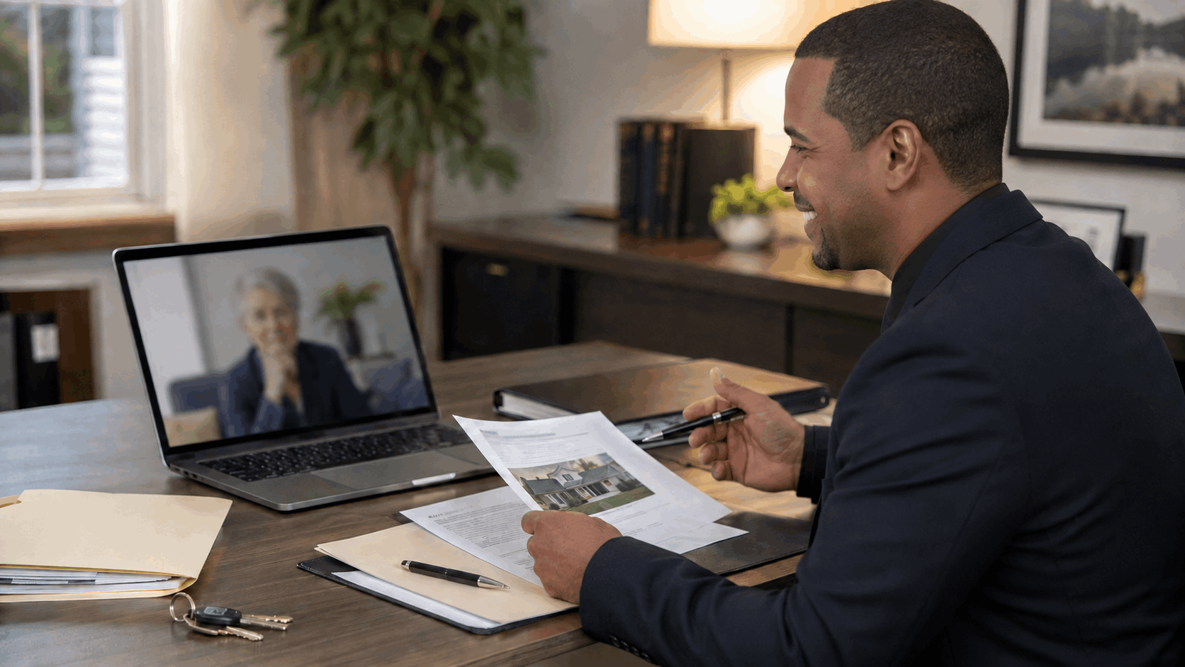 Out-of-state probate seller on video call with a North Jersey real estate professional reviewing property documents and house keys.