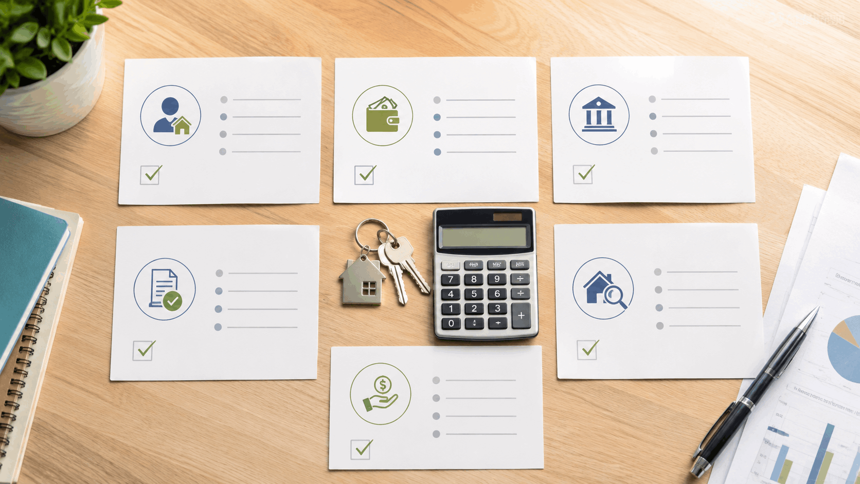 First-time homebuyer planning cards with keys and calculator showing pre-approval, payment, income, and property review steps.