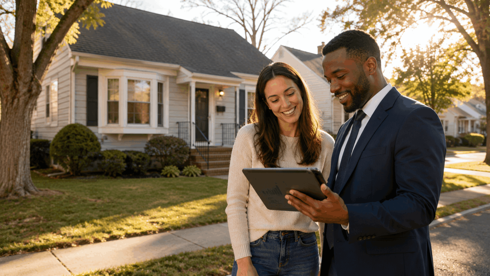 First-time buyer reviewing a low down payment plan with a real estate professional outside a North Jersey starter home.