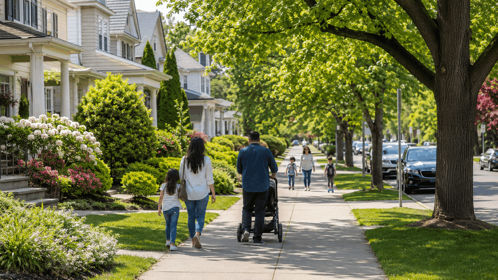 Diverse families walking along a tree-lined North Jersey neighborhood street with well-kept homes and parked cars.