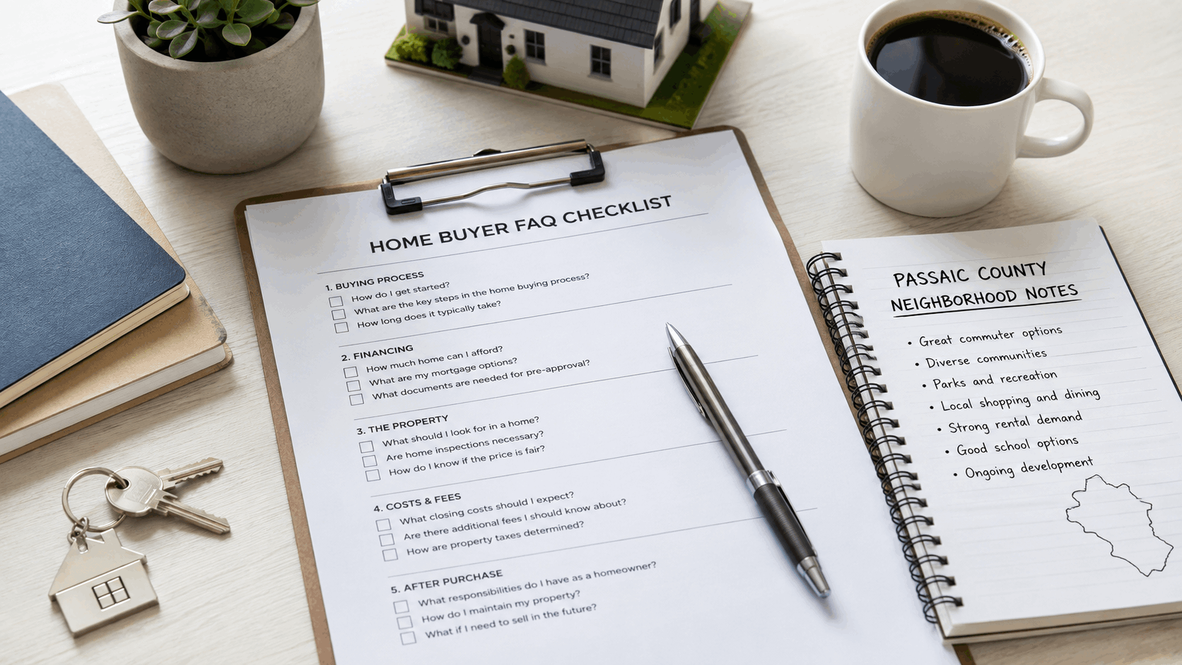 Passaic County NJ home buyer FAQ checklist with neighborhood notes, house keys, pen, coffee, and home model.