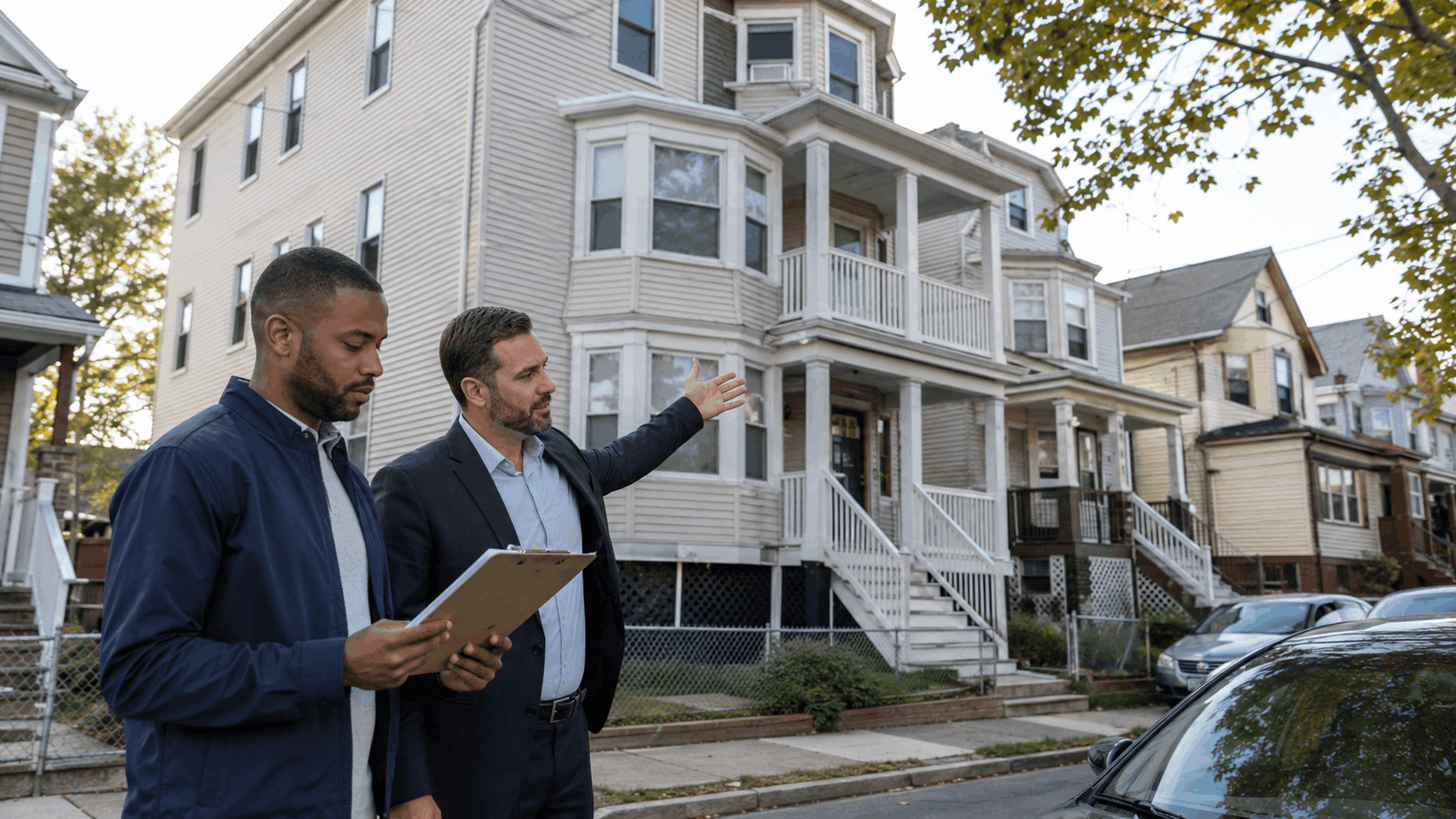 North Jersey multifamily investment property with investor and real estate agent reviewing rental numbers outside.
