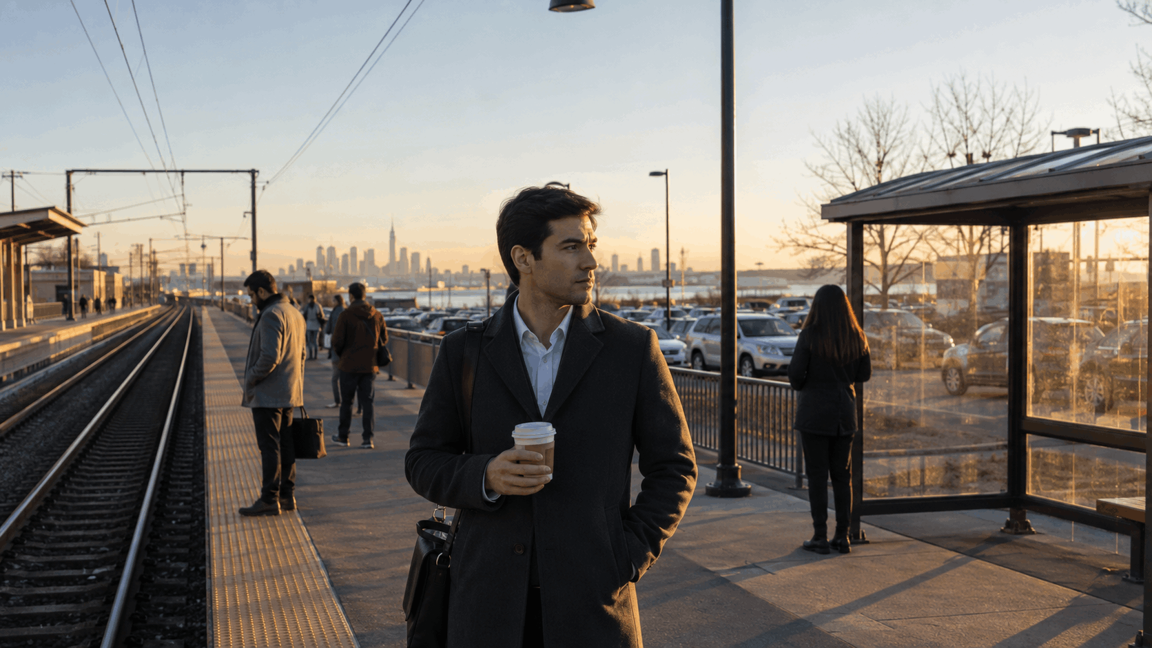 Professional commuter holding coffee at a North Jersey transit station with train tracks, bus stop, and Manhattan skyline at sunrise.