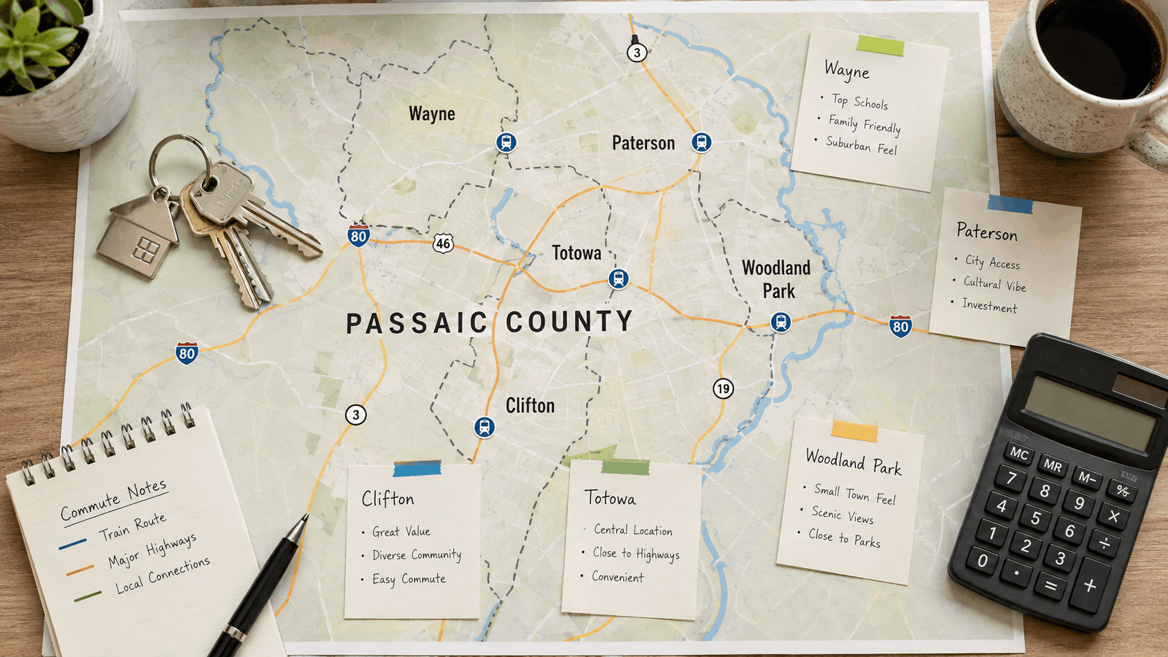 Passaic County NJ real estate map with home keys, commute routes, calculator, and neighborhood notes for Clifton, Paterson, Wayne, Totowa, and Woodland Park.