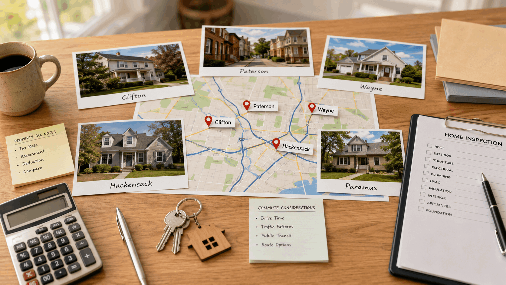 North Jersey homebuyer planning table with Clifton, Paterson, Wayne, Hackensack, and Paramus homes, commute map, tax notes, inspection checklist, and keys.