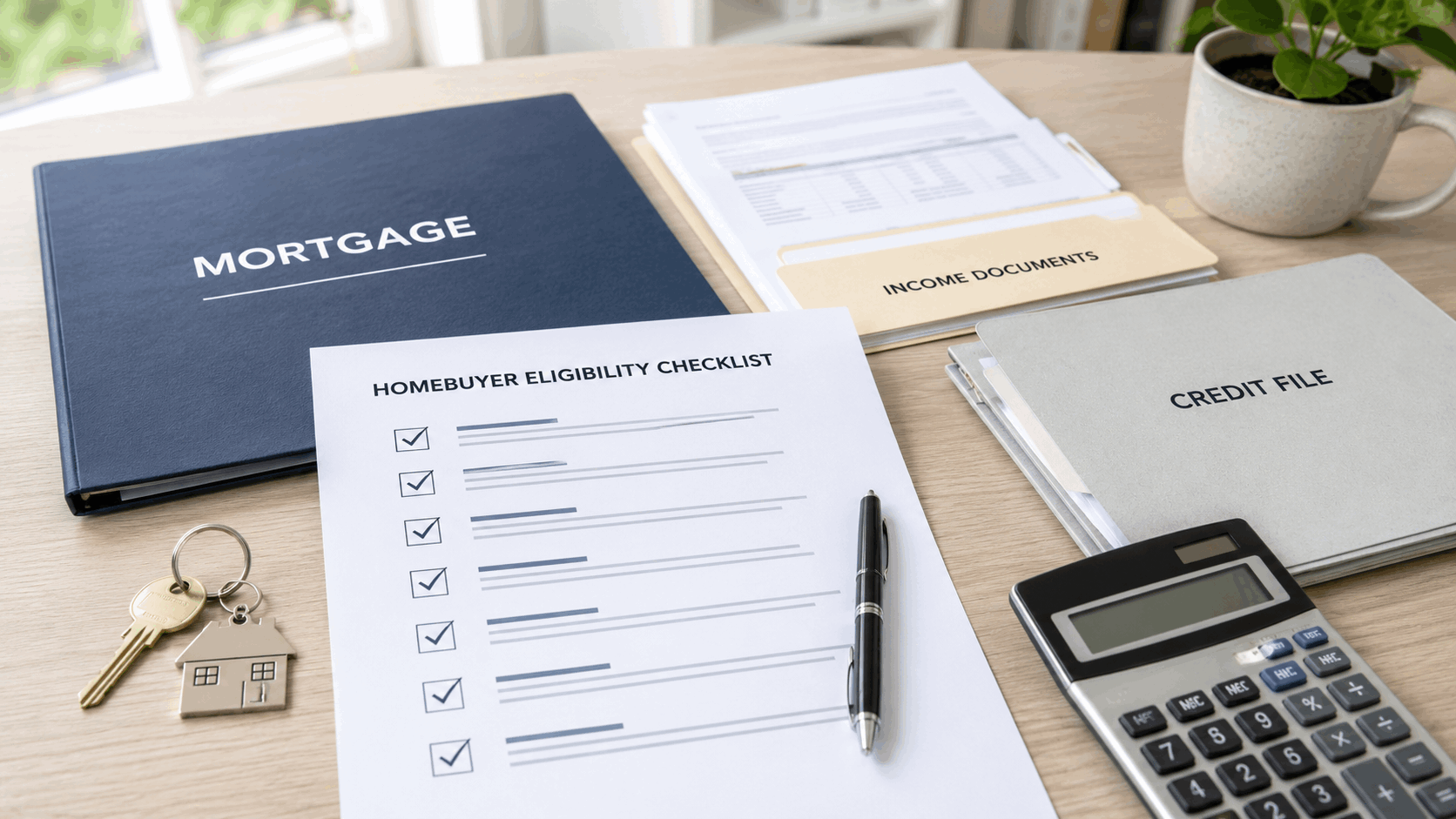 North Jersey homebuyer eligibility checklist with mortgage folder, income documents, credit file, calculator, and house keys.
