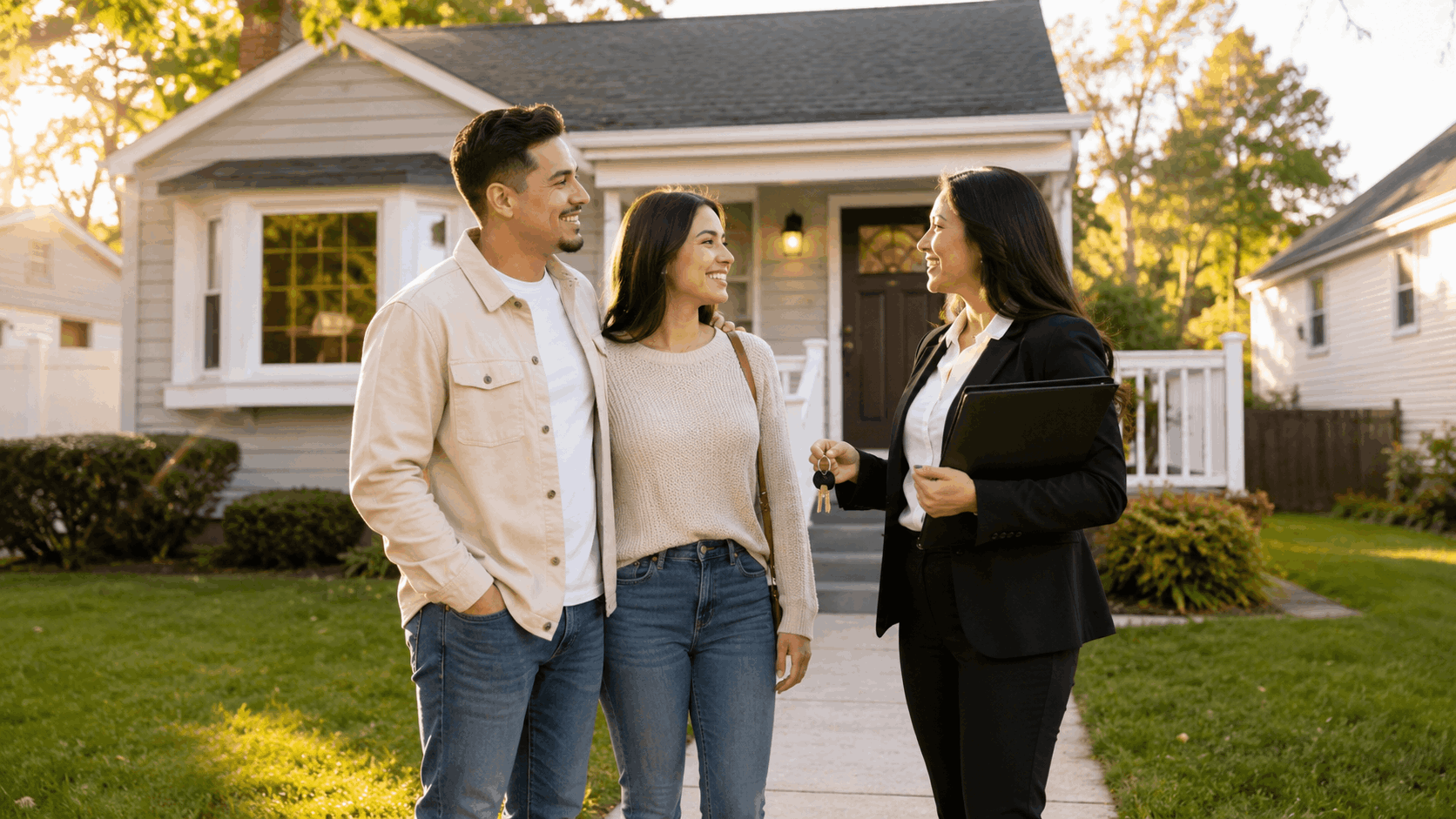 First-time homebuyer couple with a real estate agent holding keys outside a starter home in Passaic County, NJ.