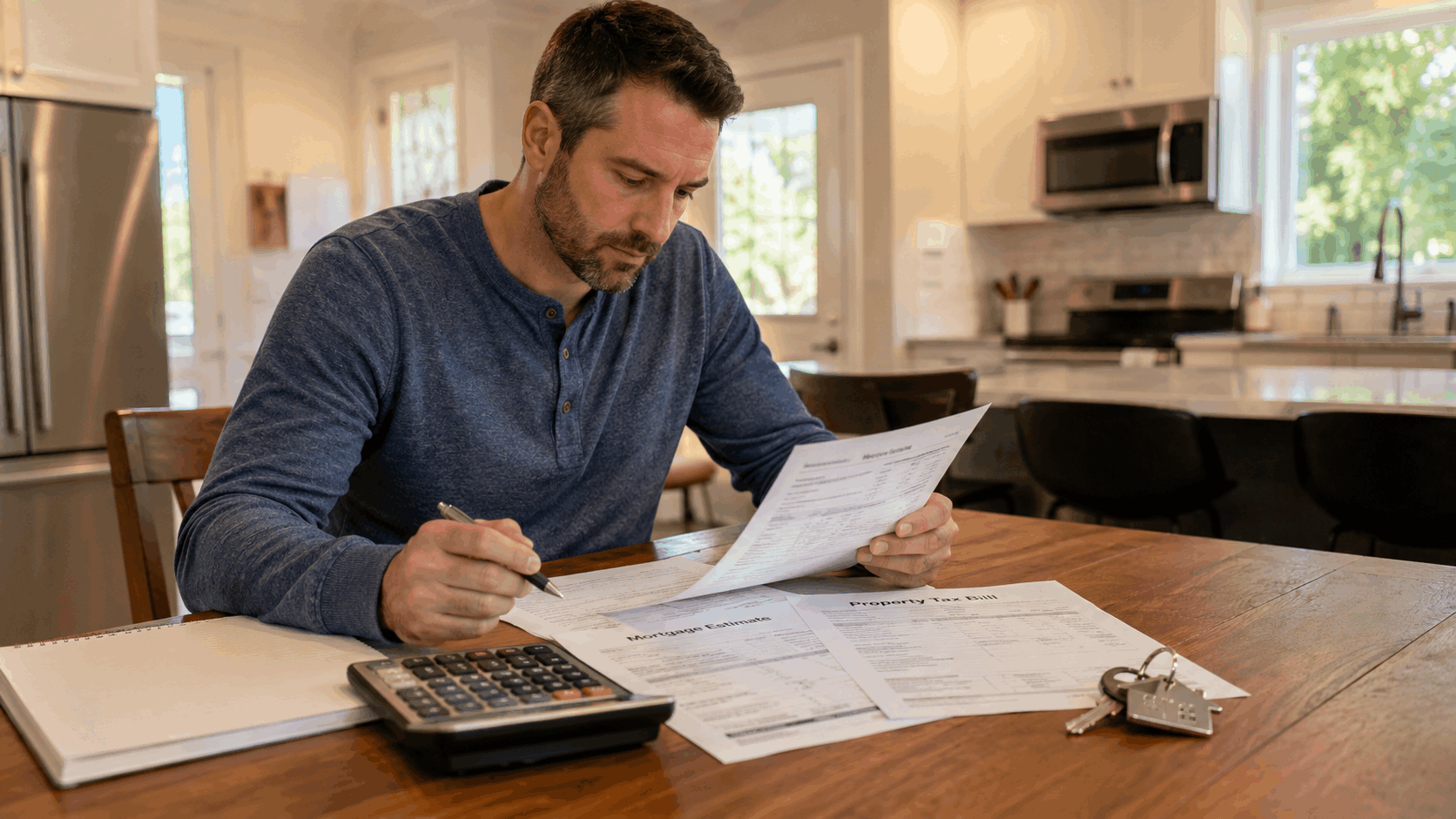 North Jersey homebuyer reviewing a mortgage estimate, property tax bill, calculator, and house keys at a kitchen table.