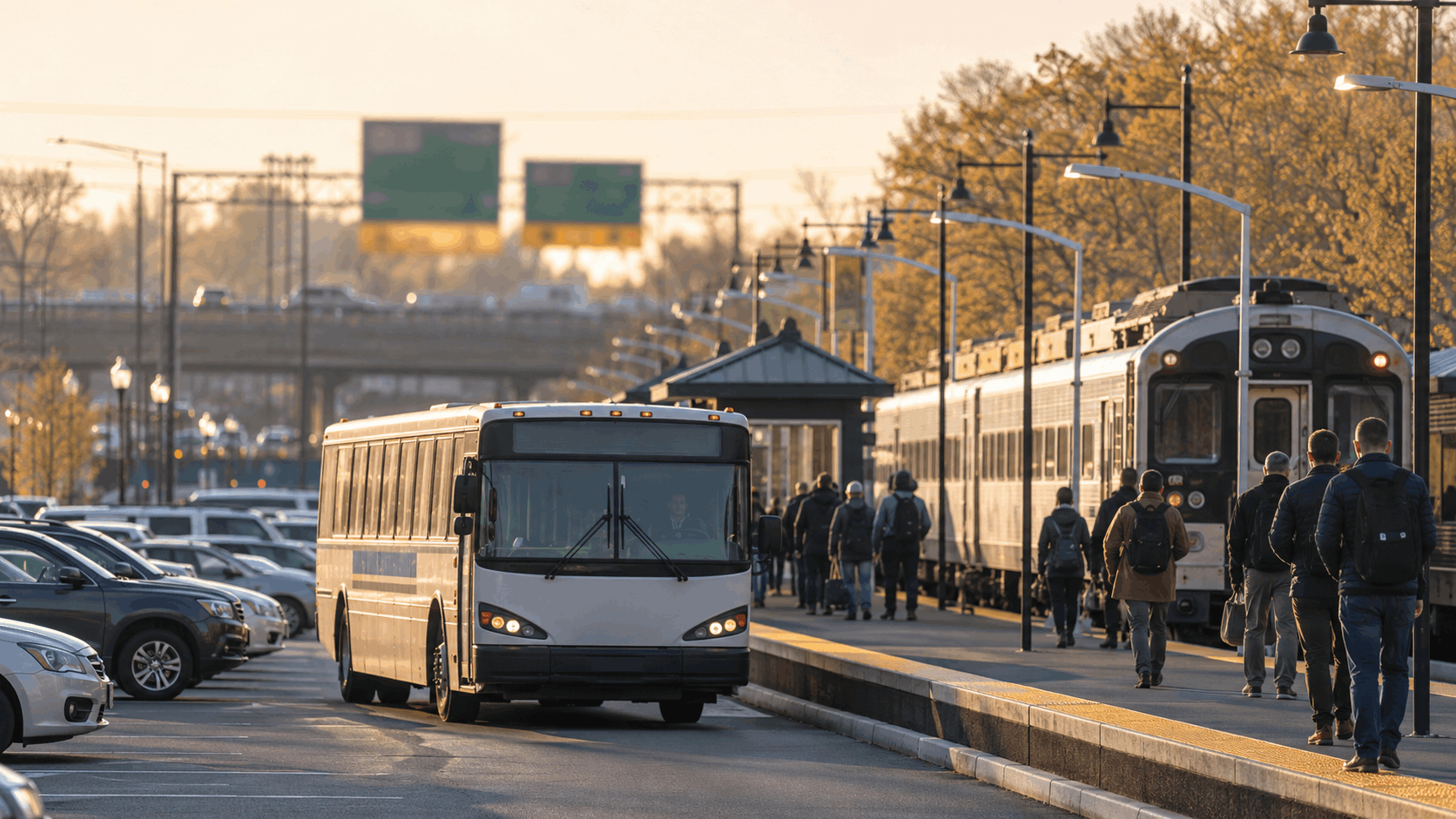 North Jersey commuters boarding a bus and train at a park-and-ride near Route 3 and Route 46.