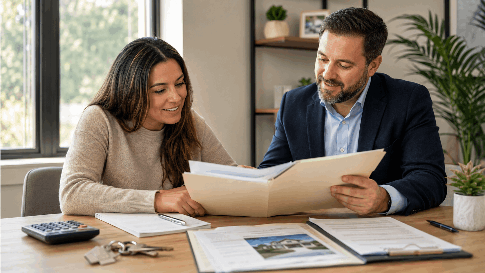 Buyer starting over after owning a home reviews credit recovery notes and new home search paperwork with a real estate advisor.