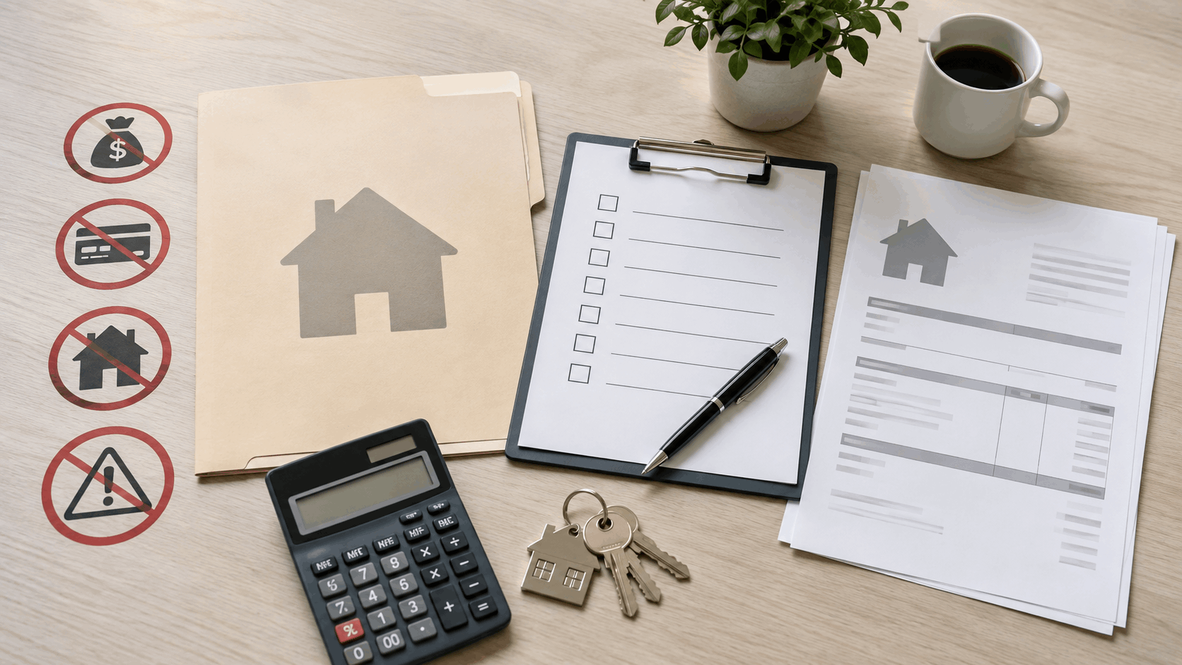 First-time homebuyer mistake prevention desk with mortgage folder, inspection checklist, tax bill, calculator, warning icons, and keys.