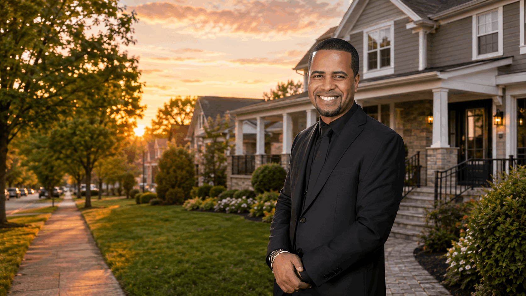 Latino North Jersey real estate professional standing outside a Passaic County home on a tree-lined street at sunset.