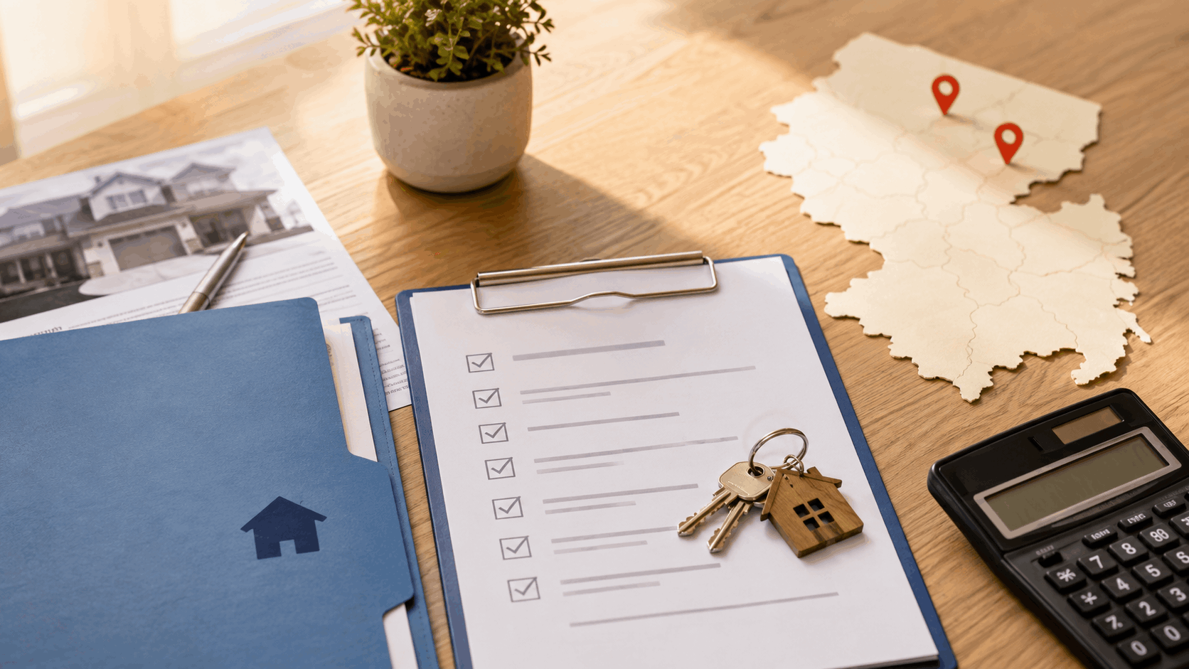 New Jersey first-time buyer assistance with down payment folder, closing cost checklist, keys, and county map pins.