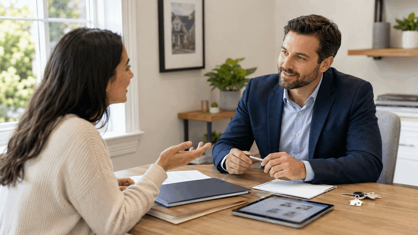 First-time buyer asks questions with a North Jersey real estate professional, organized folders, tablet, and keys.