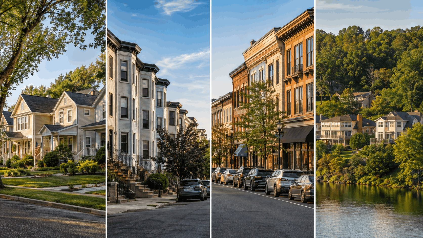 Passaic County NJ real estate collage showing Clifton homes, Paterson multifamily properties, Wayne shops, and a lake community.