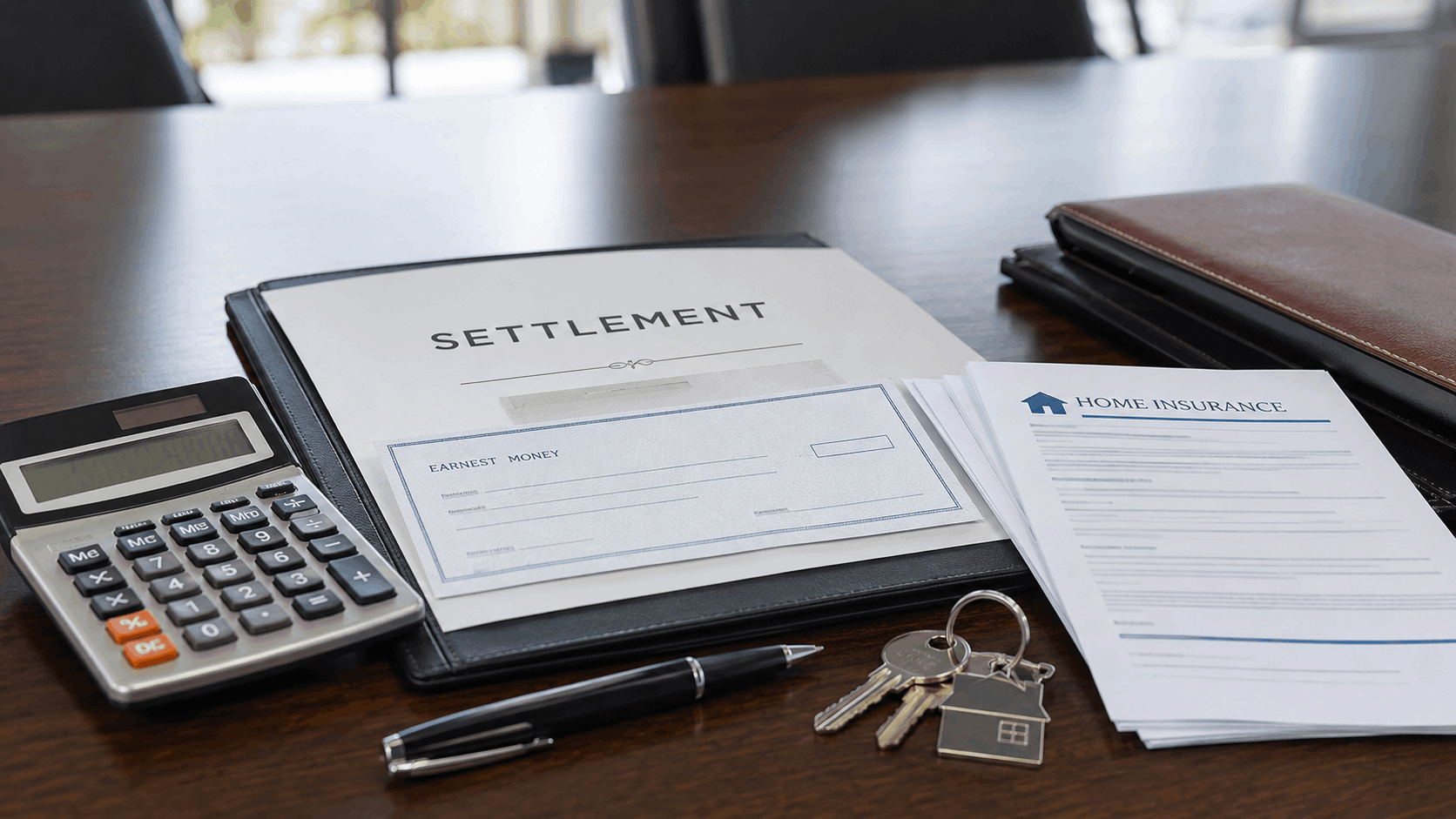 Real estate closing cost calculation with calculator, settlement folder, earnest money check, home insurance papers, and keys.
