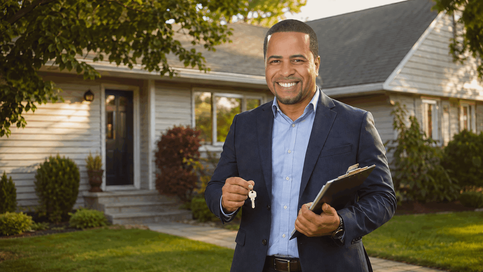 North Jersey real estate agent holding house keys and clipboard outside a modest suburban home for a probate sale.