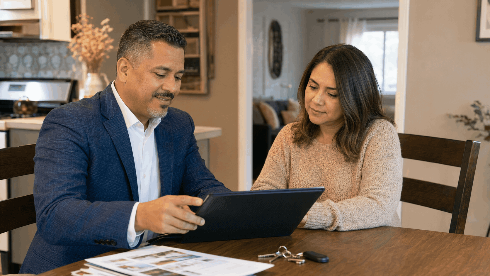 North Jersey real estate agent reviewing a home valuation folder with a seller at a dining table.