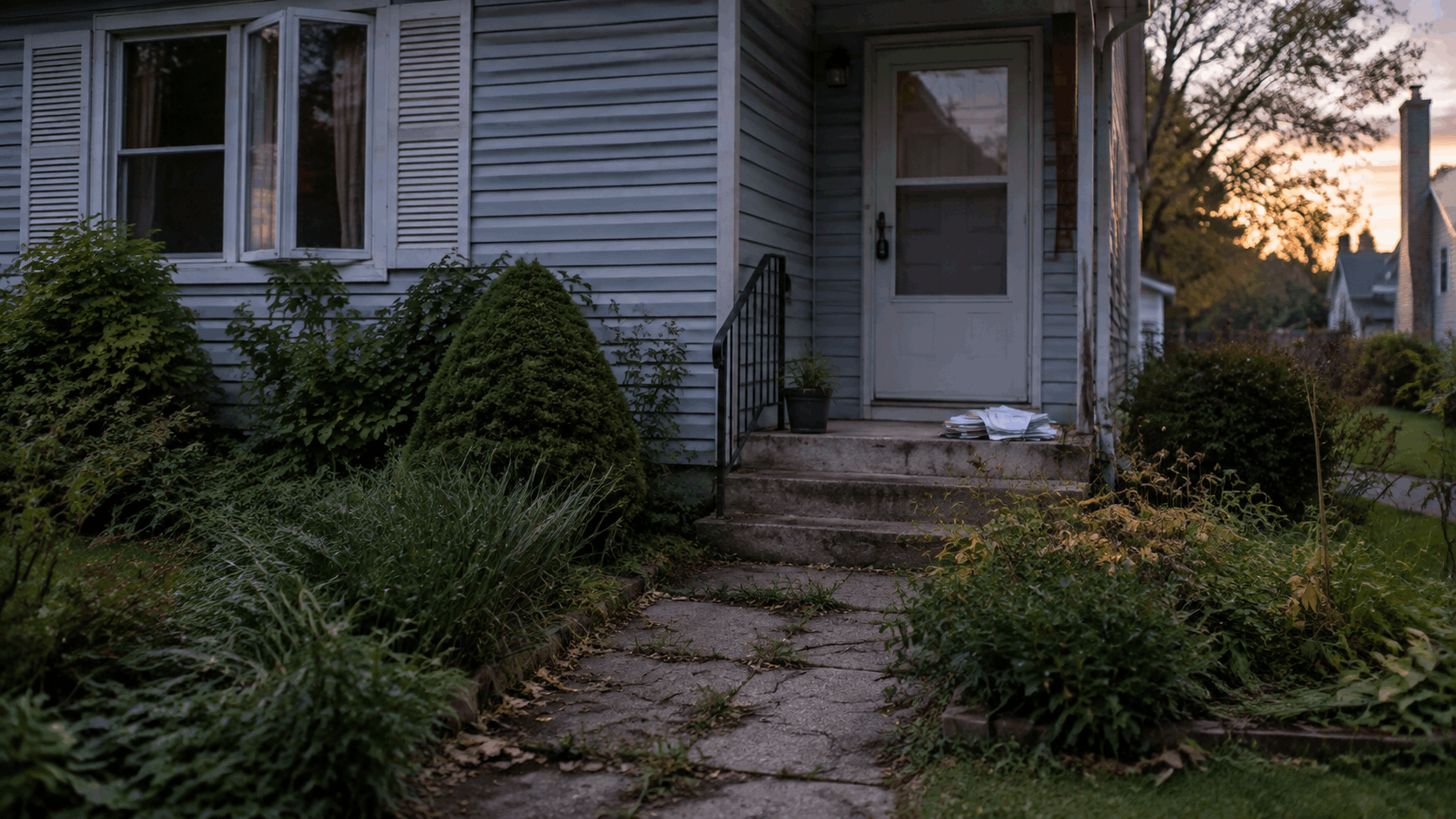 Vacant inherited New Jersey home with overgrown walkway, lockbox, and unopened mail during probate delay.