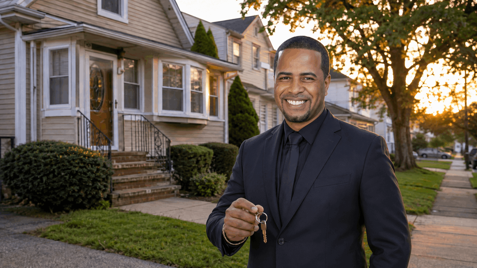 Latino North Jersey real estate professional holding keys outside a Clifton or Paterson starter home at sunset.