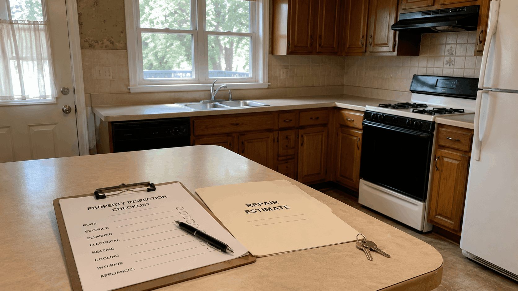 Dated North Jersey probate home kitchen with inspection checklist, repair estimate folder, and house keys for an as-is sale.