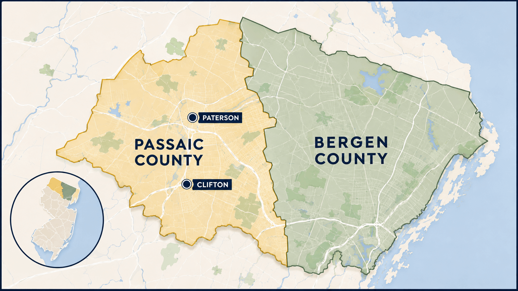 North Jersey map highlighting Clifton, Paterson, Passaic County, and Bergen County service areas.