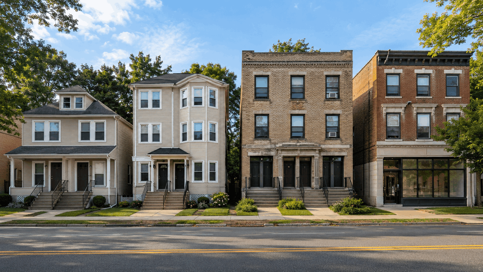 North Jersey duplex, three-family home, four-family building, and mixed-use property lined up along a tree-lined street.