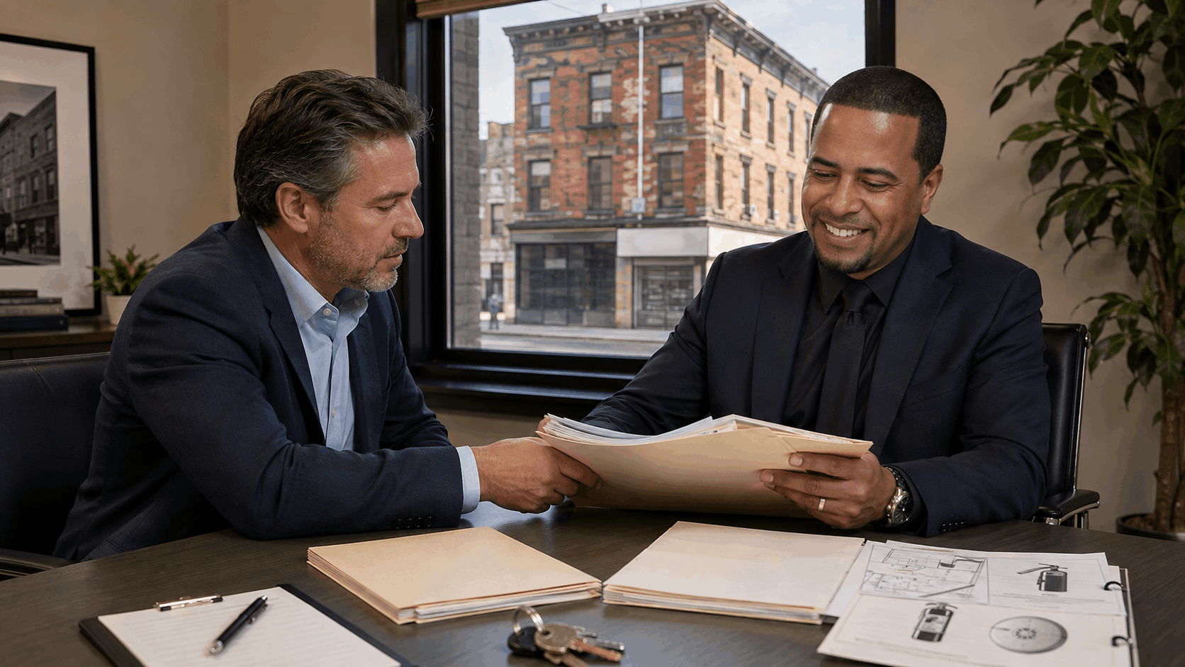 Johnny Rodriguez and an investor review municipal records for a North Jersey mixed-use property at a conference table.