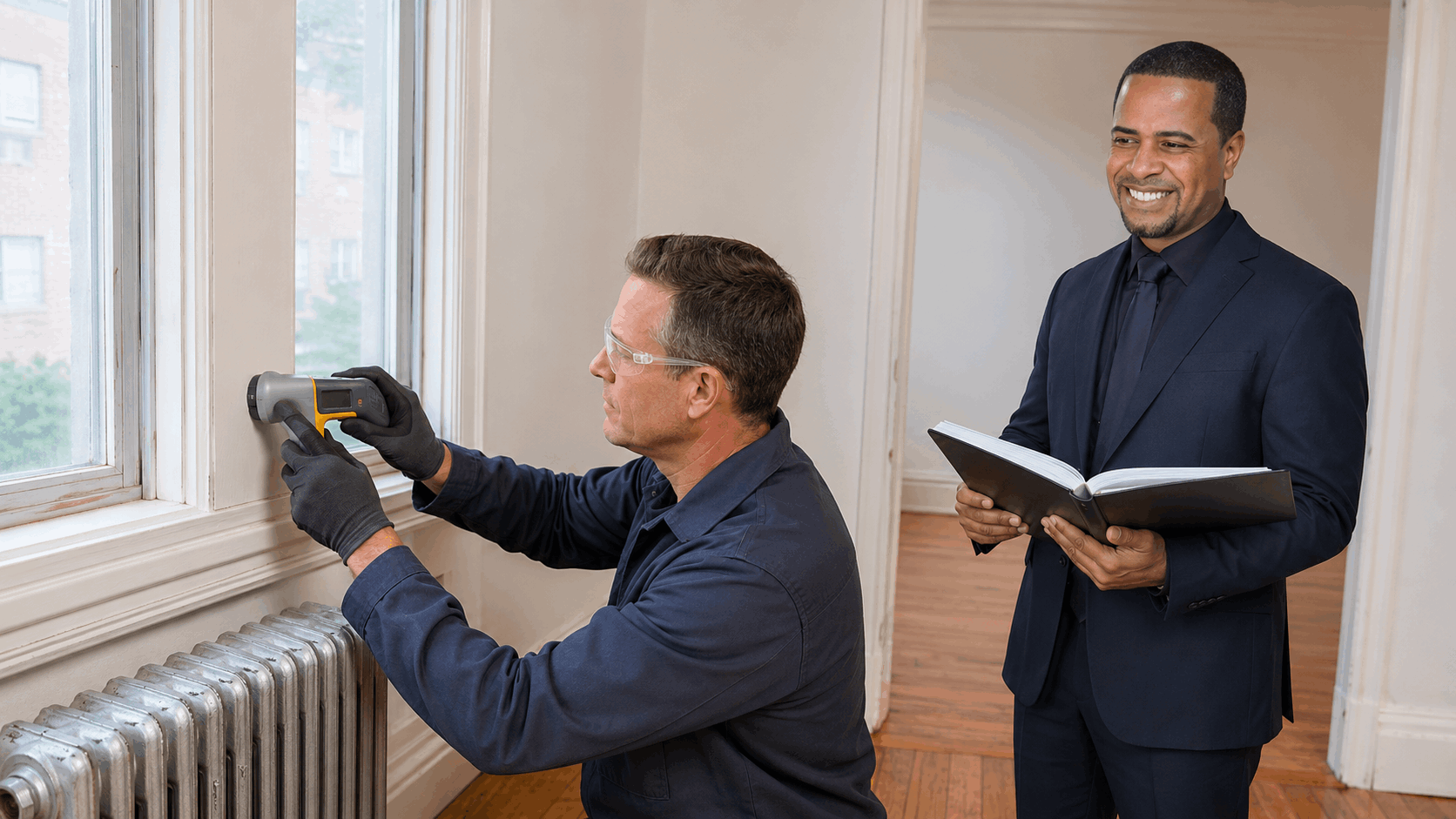 Certified inspector tests a window frame for lead paint as Johnny Rodriguez reviews safety records in a North Jersey rental.