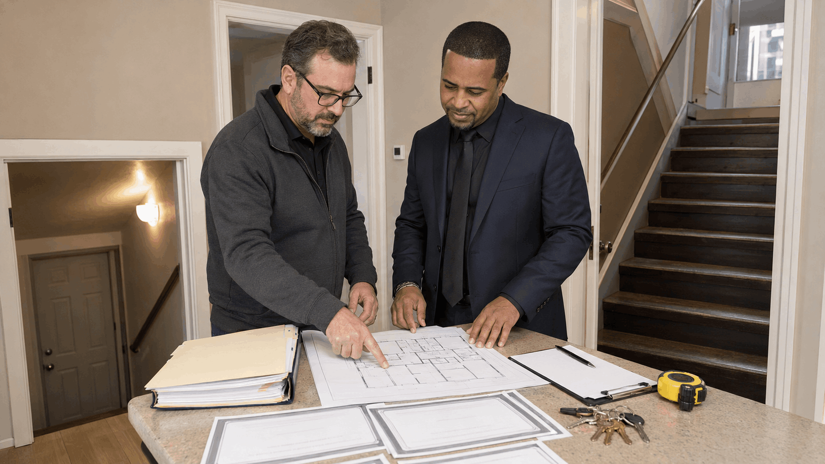 Johnny Rodriguez and a municipal inspector compare a North Jersey three-family floor plan with basement and attic access.