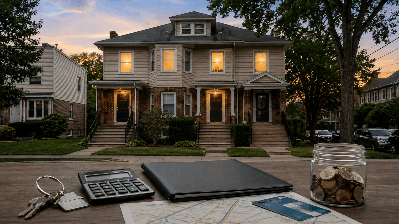 North Jersey three-family home investment concept with keys, calculator, rent-roll folder, reserve jar, and transit map.