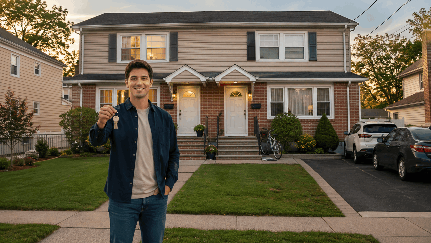 Young owner-occupant holds keys outside a North Jersey duplex with separate entrances, a shared driveway, and maintained yard.