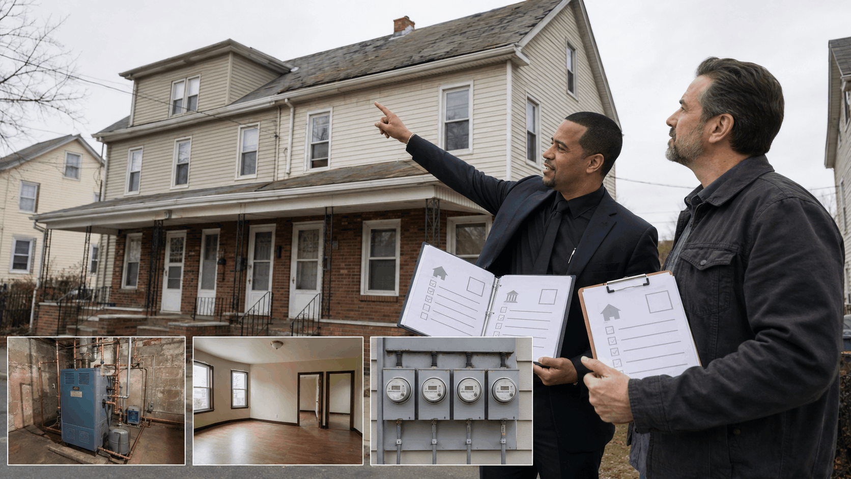 Johnny Rodriguez identifies warning signs at a North Jersey four-family property, including an aging roof, boiler, vacant unit, and utility meters.